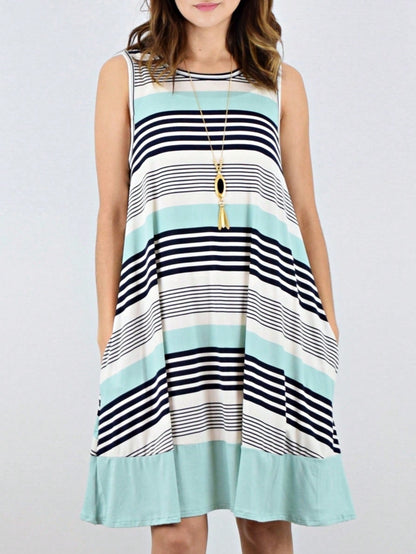 Summer Black Sage Pink Stripe Polka Dot Sleeveless Color Block  Patchwork Print Knee Length Swing Dress Small To 3XL Plus