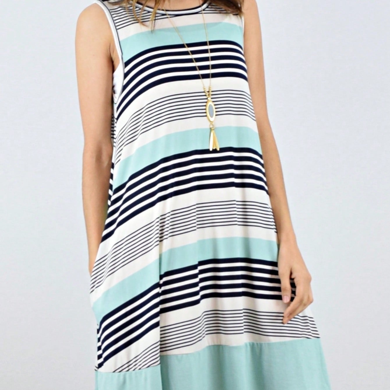 Summer Black Sage Pink Stripe Polka Dot Sleeveless Color Block  Patchwork Print Knee Length Swing Dress Small To 3XL Plus
