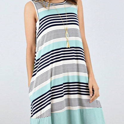 Summer Black Sage Pink Stripe Polka Dot Sleeveless Color Block  Patchwork Print Knee Length Swing Dress Small To 3XL Plus