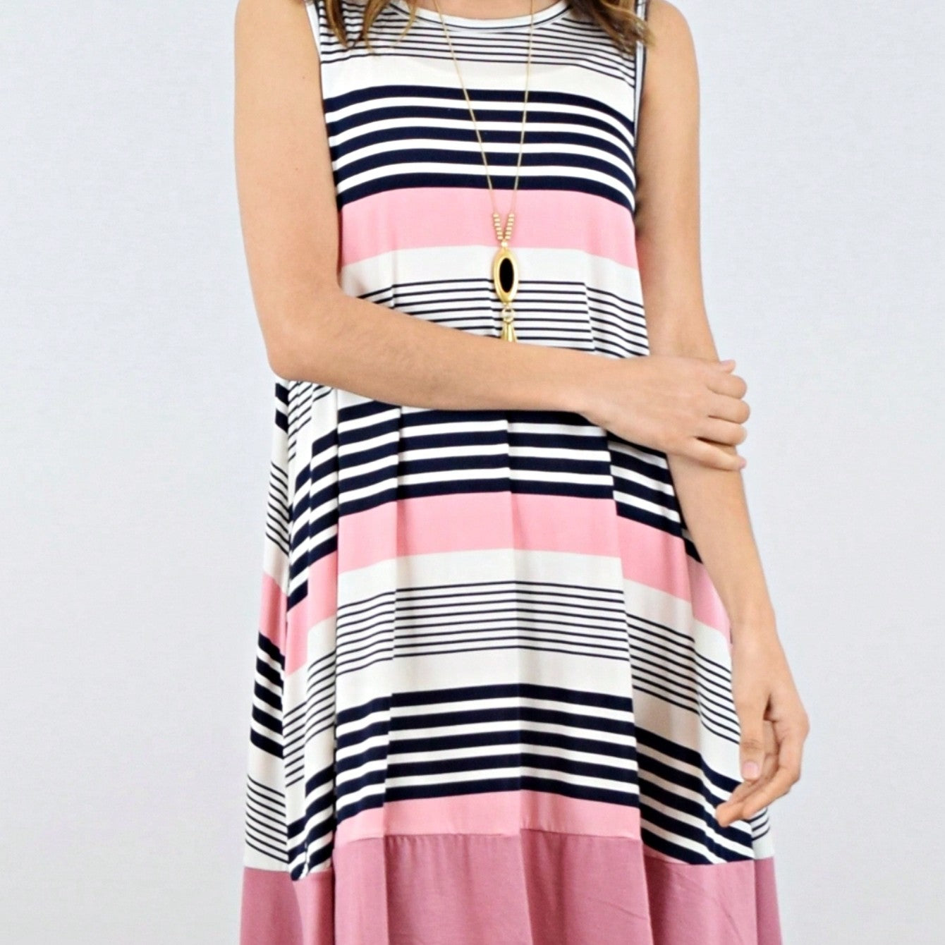 Summer Black Sage Pink Stripe Polka Dot Sleeveless Color Block  Patchwork Print Knee Length Swing Dress Small To 3XL Plus