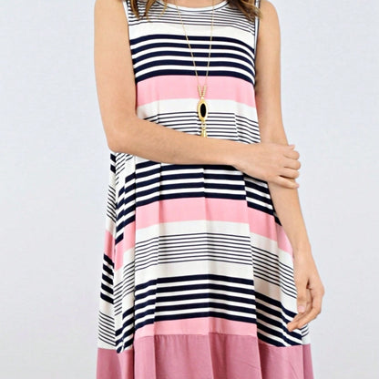 Summer Black Sage Pink Stripe Polka Dot Sleeveless Color Block  Patchwork Print Knee Length Swing Dress Small To 3XL Plus