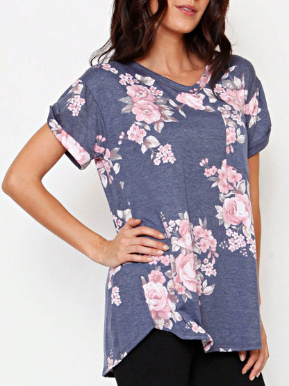 Summer Cool Floral Stripe Raglan Stripe Sleeve Top T Shirt Blouse |  Small -3 XL