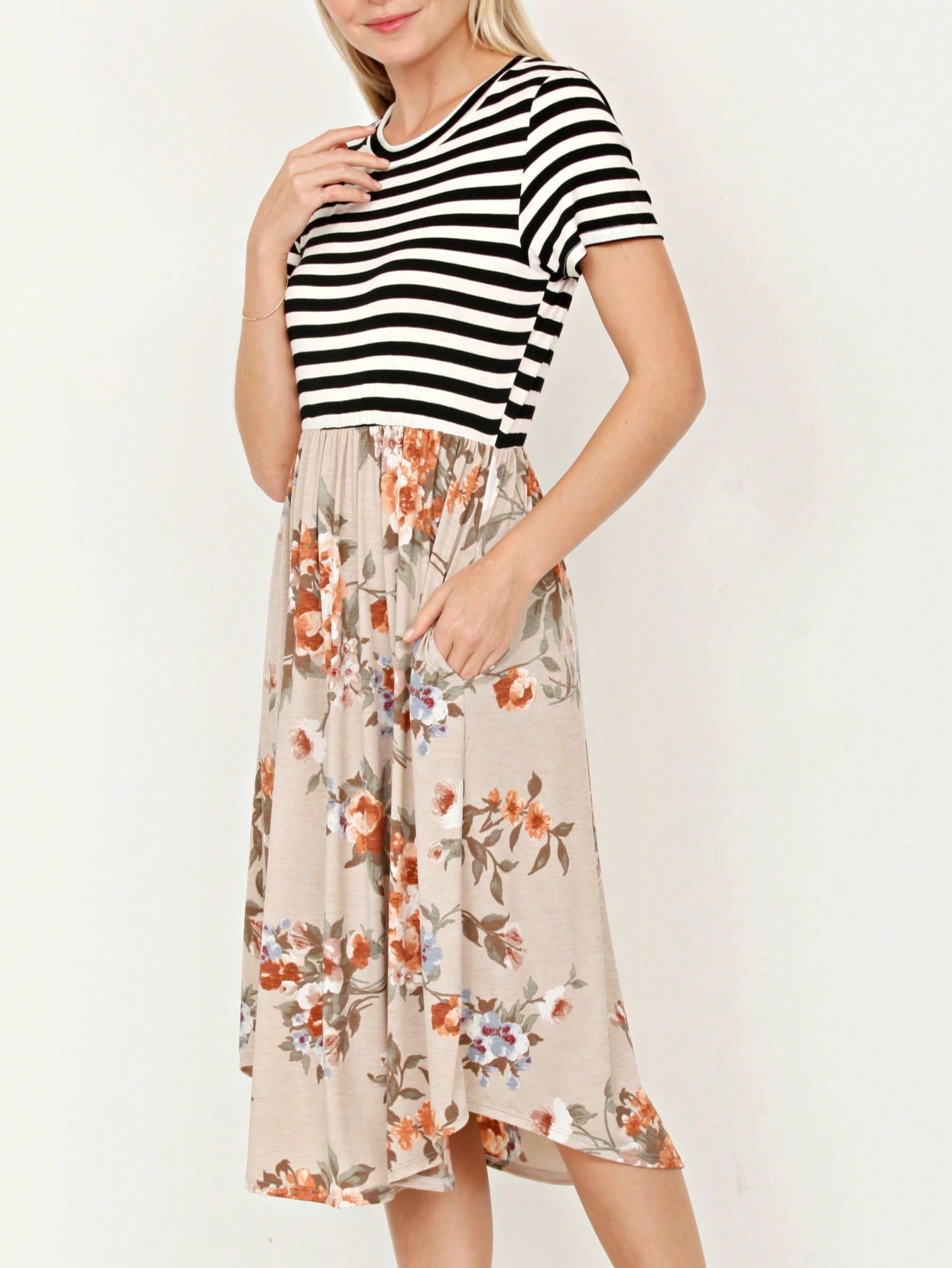 Vintage Boho Short Sleeve Summer Fall Charcoal Navy Floral Shift Midi Swing Aline Southern Dress | Small-3 XL Plus