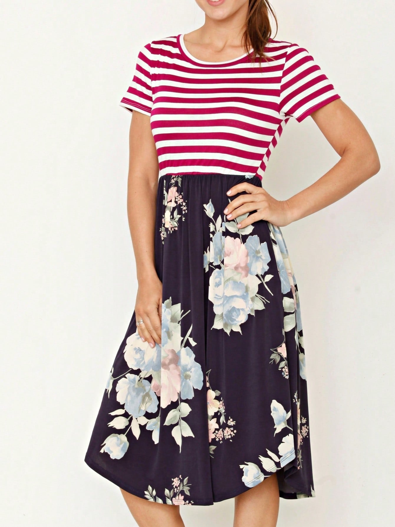 Vintage Boho Short Sleeve Summer Fall Charcoal Navy Floral Shift Midi Swing Aline Southern Dress | Small-3 XL Plus