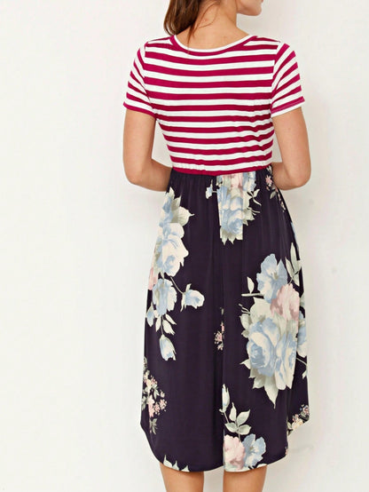 Vintage Boho Short Sleeve Summer Fall Charcoal Navy Floral Shift Midi Swing Aline Southern Dress | Small-3 XL Plus