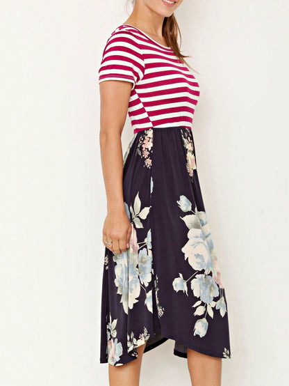 Vintage Boho Short Sleeve Summer Fall Charcoal Navy Floral Shift Midi Swing Aline Southern Dress | Small-3 XL Plus