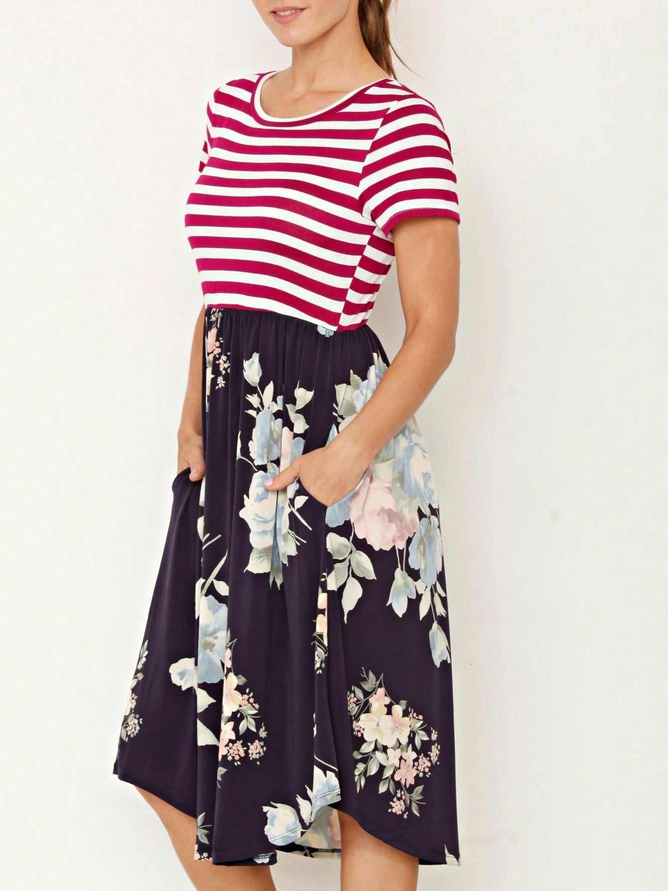 Vintage Boho Short Sleeve Summer Fall Charcoal Navy Floral Shift Midi Swing Aline Southern Dress | Small-3 XL Plus