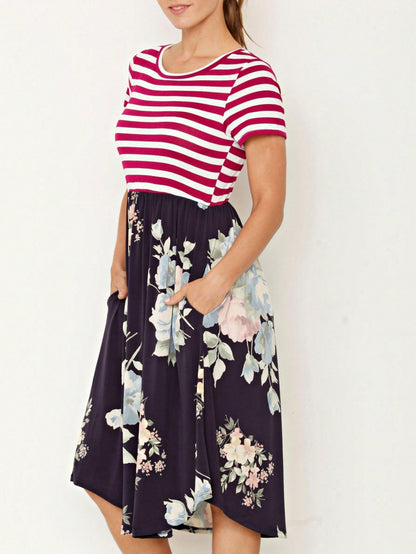 Vintage Boho Short Sleeve Summer Fall Charcoal Navy Floral Shift Midi Swing Aline Southern Dress | Small-3 XL Plus