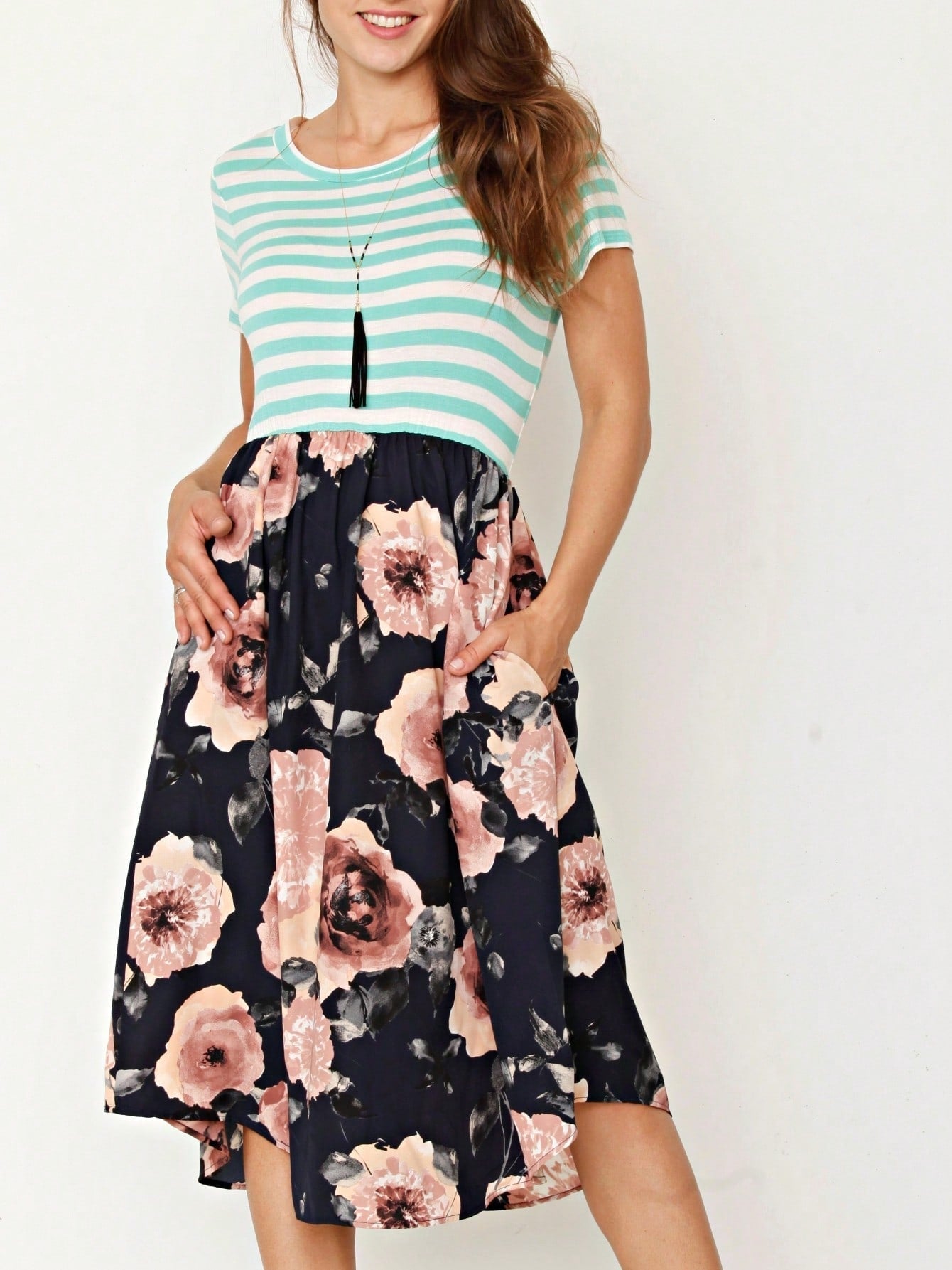 Vintage Boho Short Sleeve Summer Fall Charcoal Navy Floral Shift Midi Swing Aline Southern Dress | Small-3 XL Plus