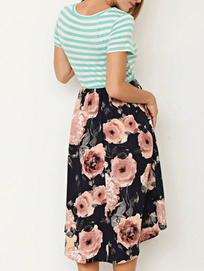 Vintage Boho Short Sleeve Summer Fall Charcoal Navy Floral Shift Midi Swing Aline Southern Dress | Small-3 XL Plus
