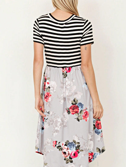 Vintage Boho Short Sleeve Summer Fall Charcoal Navy Floral Shift Midi Swing Aline Southern Dress | Small-3 XL Plus