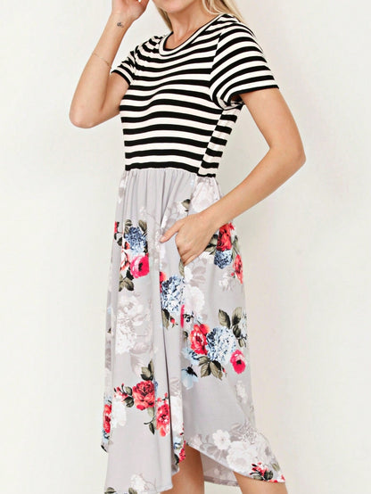 Vintage Boho Short Sleeve Summer Fall Charcoal Navy Floral Shift Midi Swing Aline Southern Dress | Small-3 XL Plus