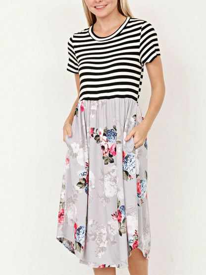 Vintage Boho Short Sleeve Summer Fall Charcoal Navy Floral Shift Midi Swing Aline Southern Dress | Small-3 XL Plus