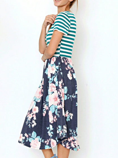 Vintage Boho Short Sleeve Summer Fall Charcoal Navy Floral Shift Midi Swing Aline Southern Dress | Small-3 XL Plus