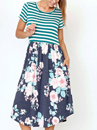 Vintage Boho Short Sleeve Summer Fall Charcoal Navy Floral Shift Midi Swing Aline Southern Dress | Small-3 XL Plus