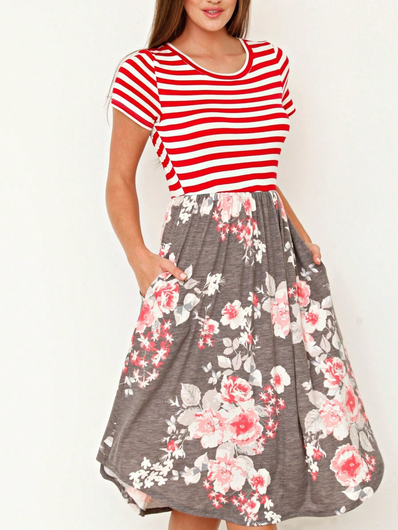 Vintage Boho Short Sleeve Summer Fall Charcoal Navy Floral Shift Midi Swing Aline Southern Dress | Small-3 XL Plus