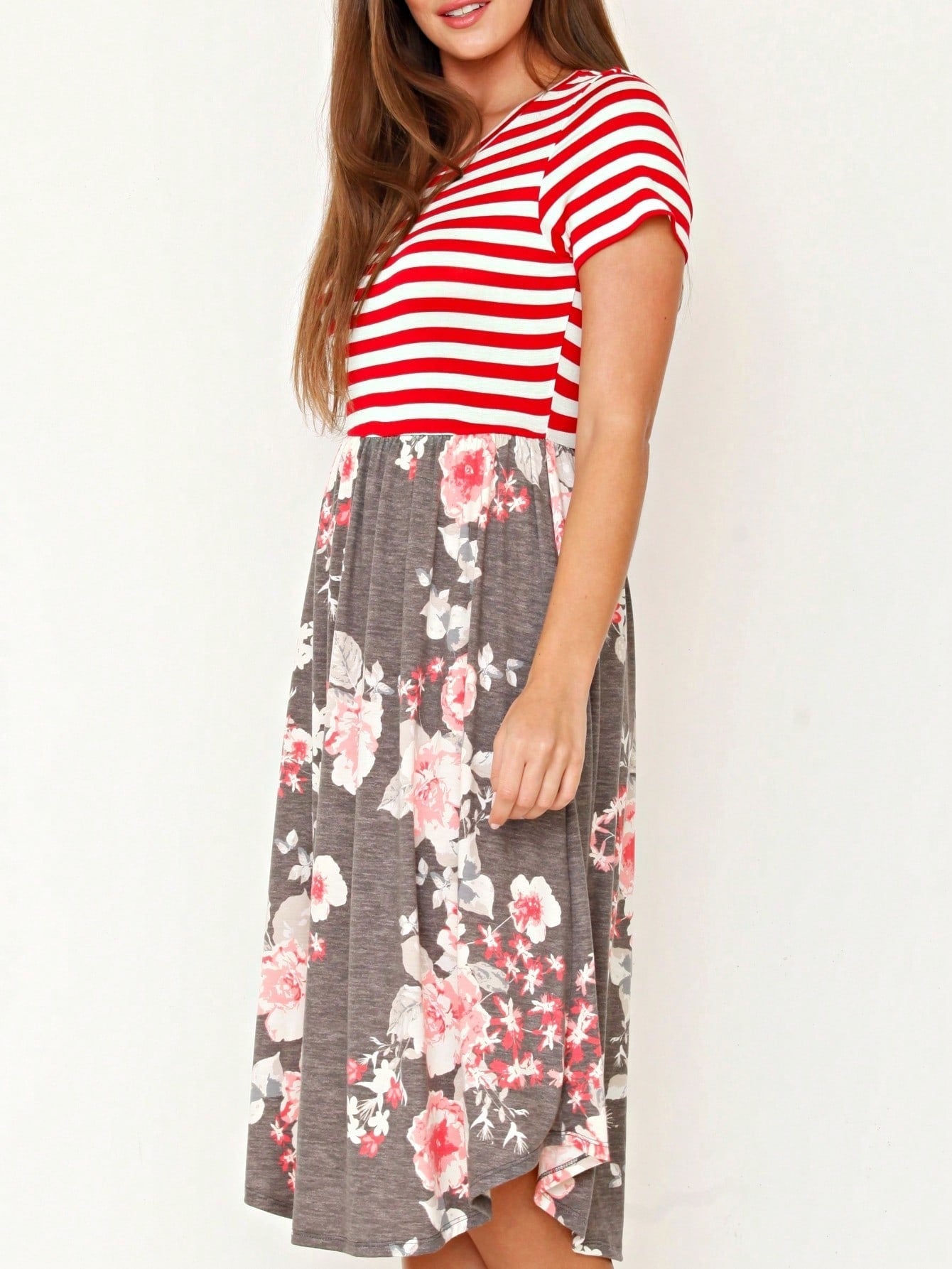 Vintage Boho Short Sleeve Summer Fall Charcoal Navy Floral Shift Midi Swing Aline Southern Dress | Small-3 XL Plus