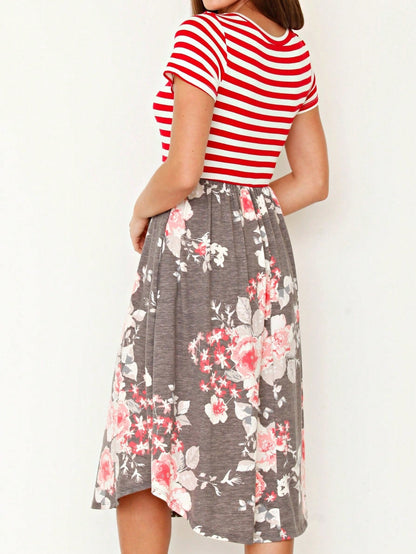 Vintage Boho Short Sleeve Summer Fall Charcoal Navy Floral Shift Midi Swing Aline Southern Dress | Small-3 XL Plus