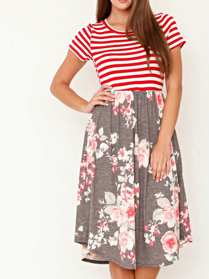 Vintage Boho Short Sleeve Summer Fall Charcoal Navy Floral Shift Midi Swing Aline Southern Dress | Small-3 XL Plus
