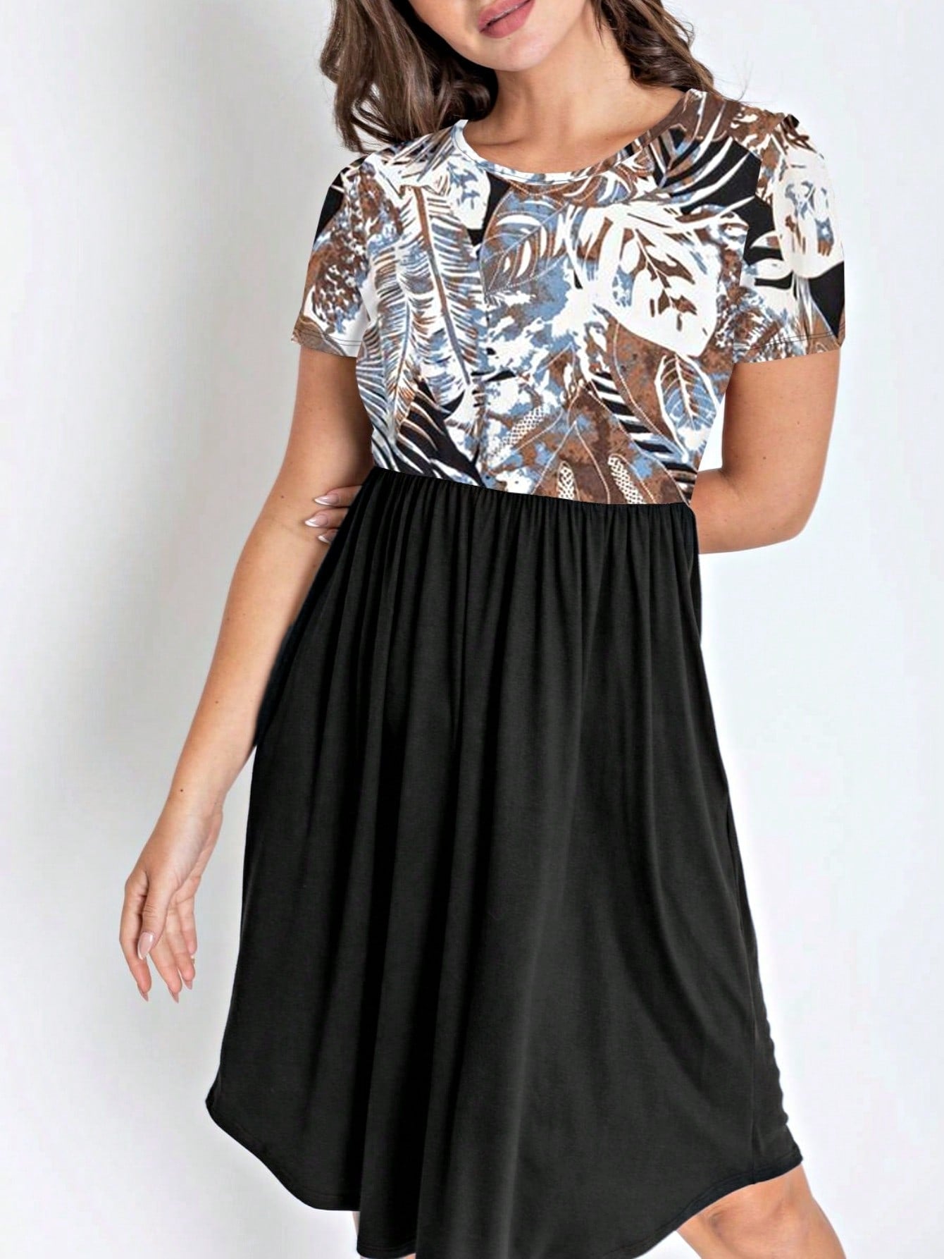 Vintage Boho Short Sleeve Summer Fall Charcoal Navy Floral Shift Midi Swing Aline Southern Dress | Small-3 XL Plus