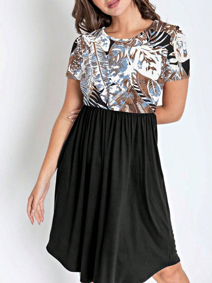 Vintage Boho Short Sleeve Summer Fall Charcoal Navy Floral Shift Midi Swing Aline Southern Dress | Small-3 XL Plus