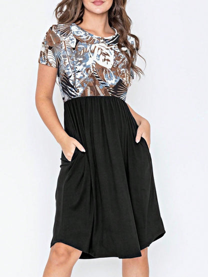 Vintage Boho Short Sleeve Summer Fall Charcoal Navy Floral Shift Midi Swing Aline Southern Dress | Small-3 XL Plus