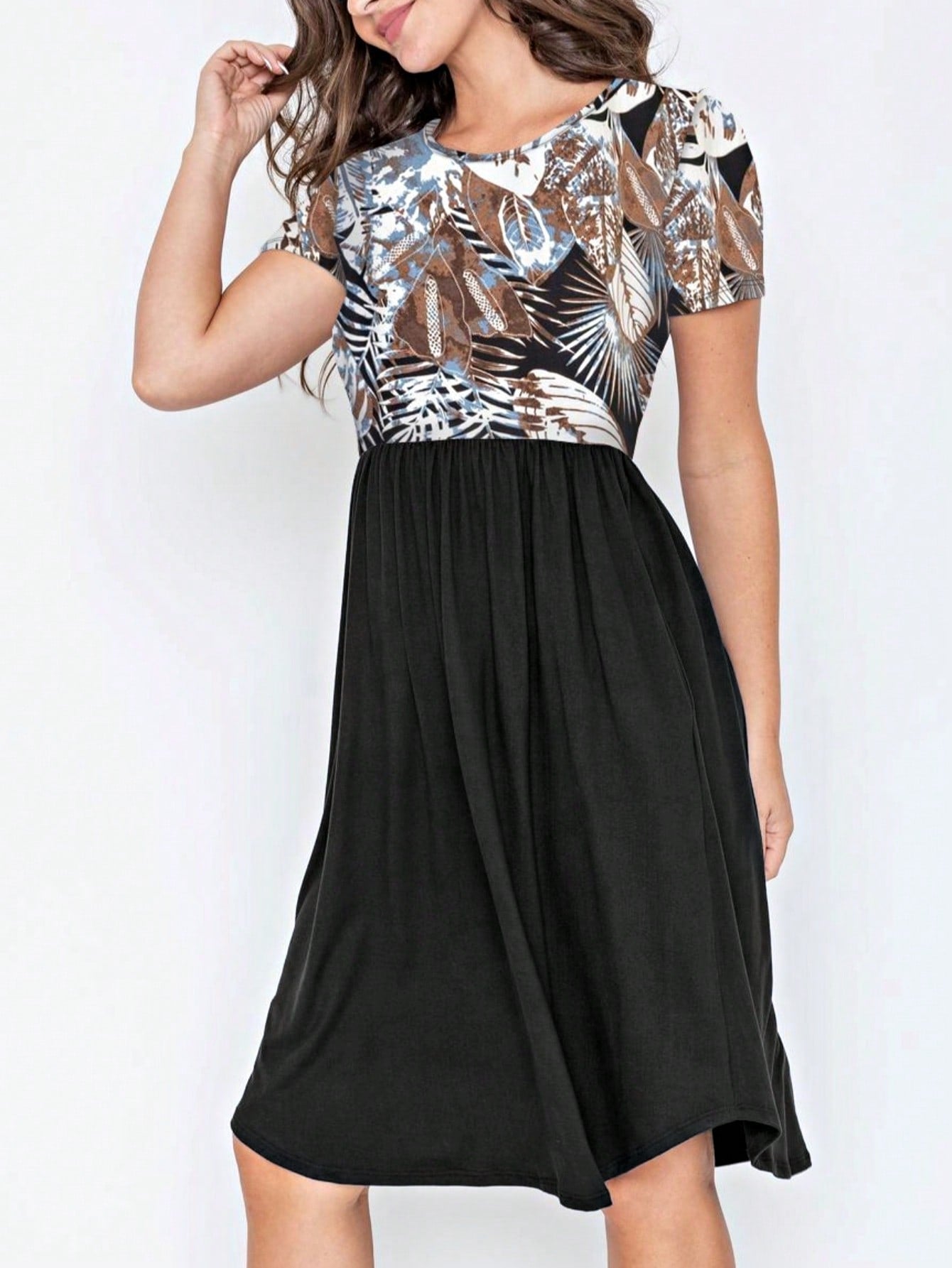 Vintage Boho Short Sleeve Summer Fall Charcoal Navy Floral Shift Midi Swing Aline Southern Dress | Small-3 XL Plus