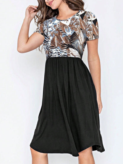 Vintage Boho Short Sleeve Summer Fall Charcoal Navy Floral Shift Midi Swing Aline Southern Dress | Small-3 XL Plus