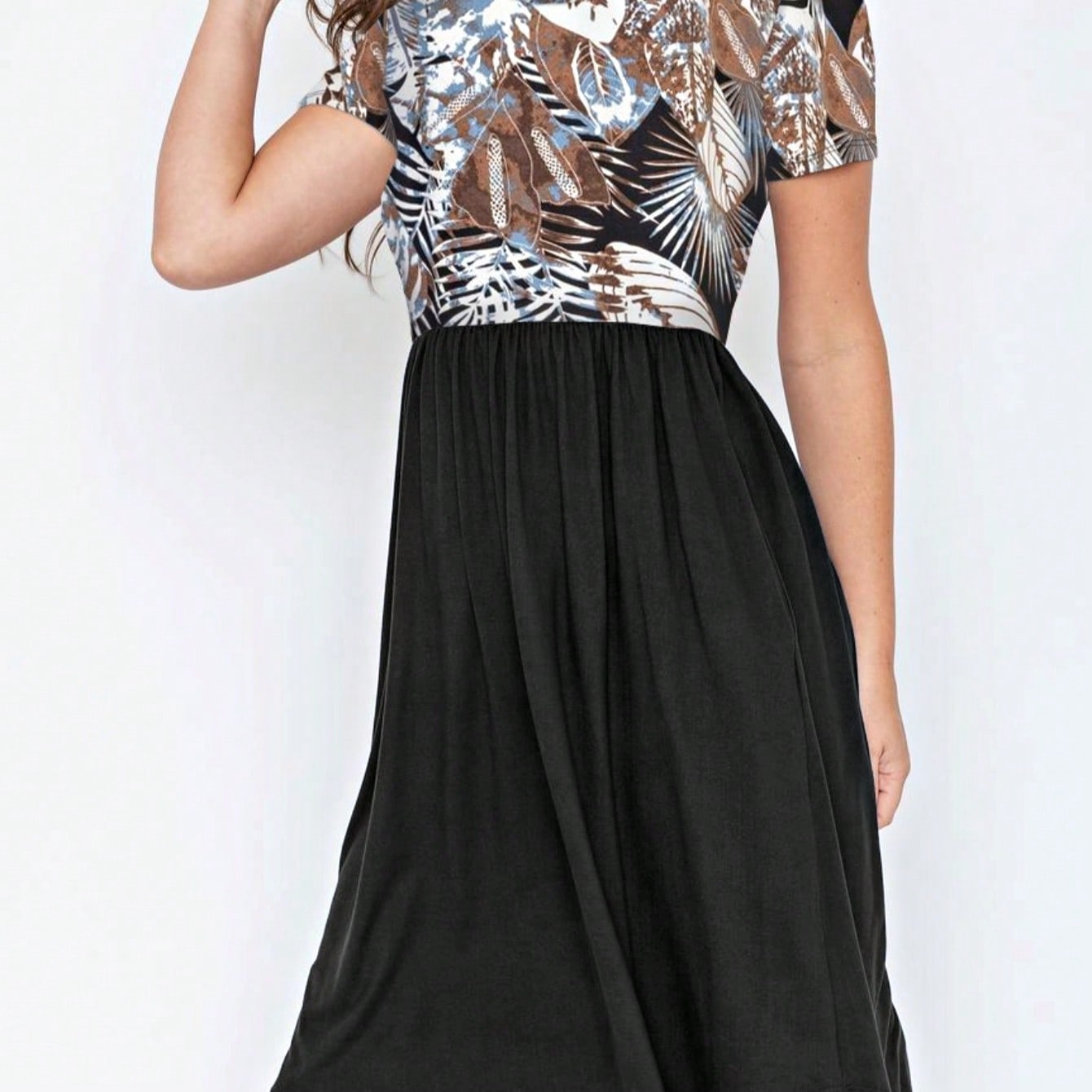 Vintage Boho Short Sleeve Summer Fall Charcoal Navy Floral Shift Midi Swing Aline Southern Dress | Small-3 XL Plus