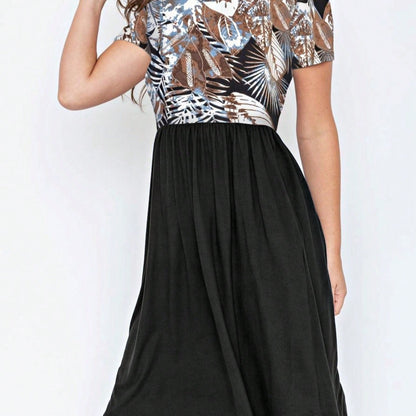Vintage Boho Short Sleeve Summer Fall Charcoal Navy Floral Shift Midi Swing Aline Southern Dress | Small-3 XL Plus