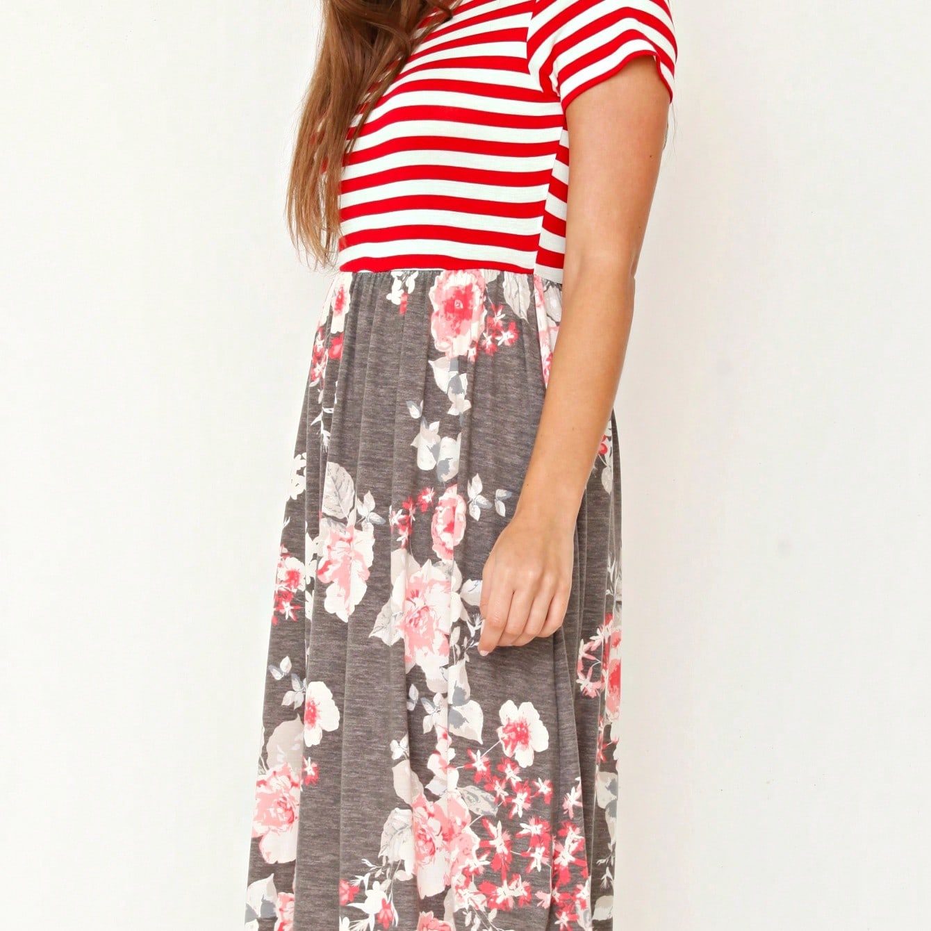 Vintage Boho Short Sleeve Summer Fall Charcoal Navy Floral Shift Midi Swing Aline Southern Dress | Small-3 XL Plus