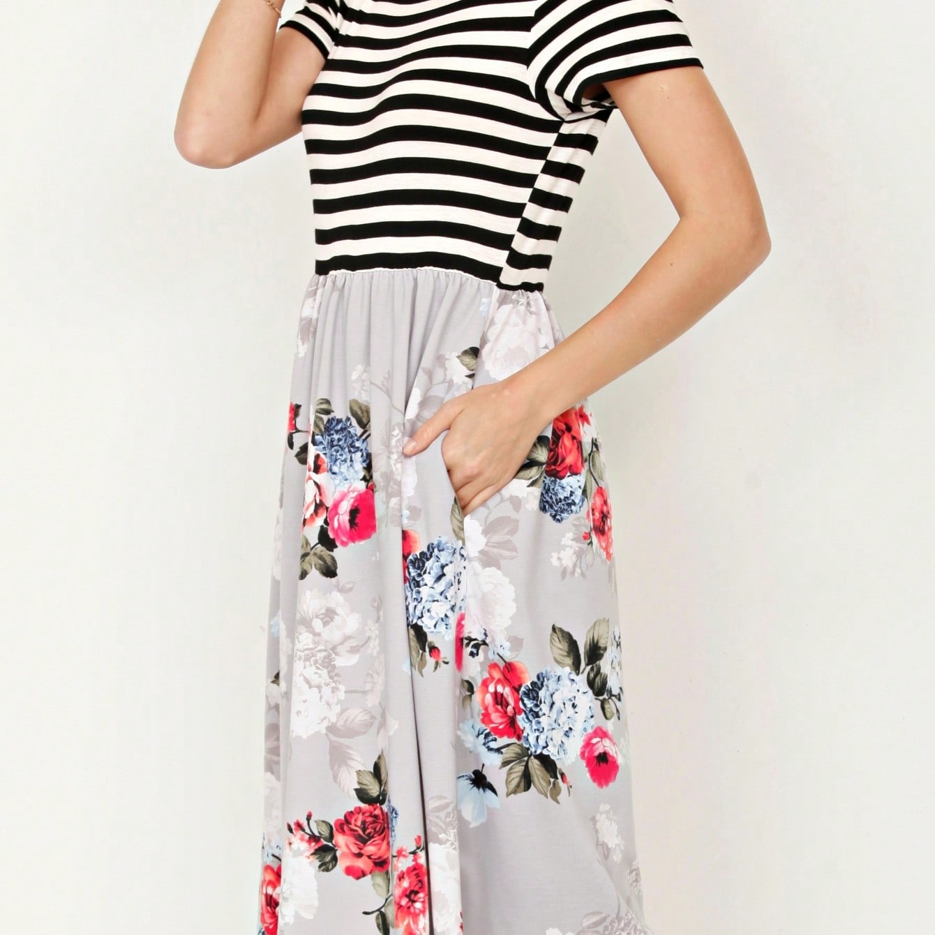 Vintage Boho Short Sleeve Summer Fall Charcoal Navy Floral Shift Midi Swing Aline Southern Dress | Small-3 XL Plus