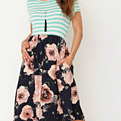 Vintage Boho Short Sleeve Summer Fall Charcoal Navy Floral Shift Midi Swing Aline Southern Dress | Small-3 XL Plus