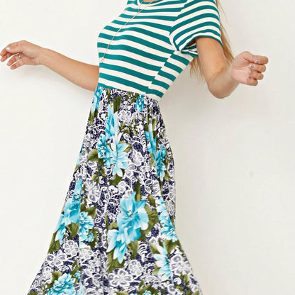 Vintage Boho Short Sleeve Summer Fall Charcoal Navy Floral Shift Midi Swing Aline Southern Dress | Small-3 XL Plus