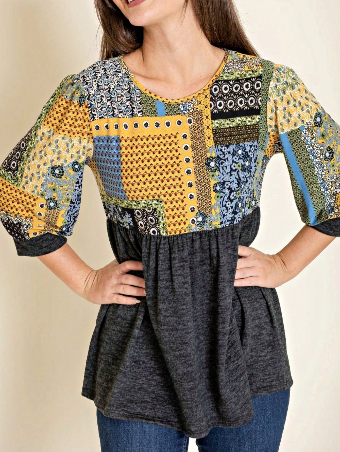 Boho Retro Baby Doll Ivory Navy Blue Floral Color Block Tunic Top Shirt