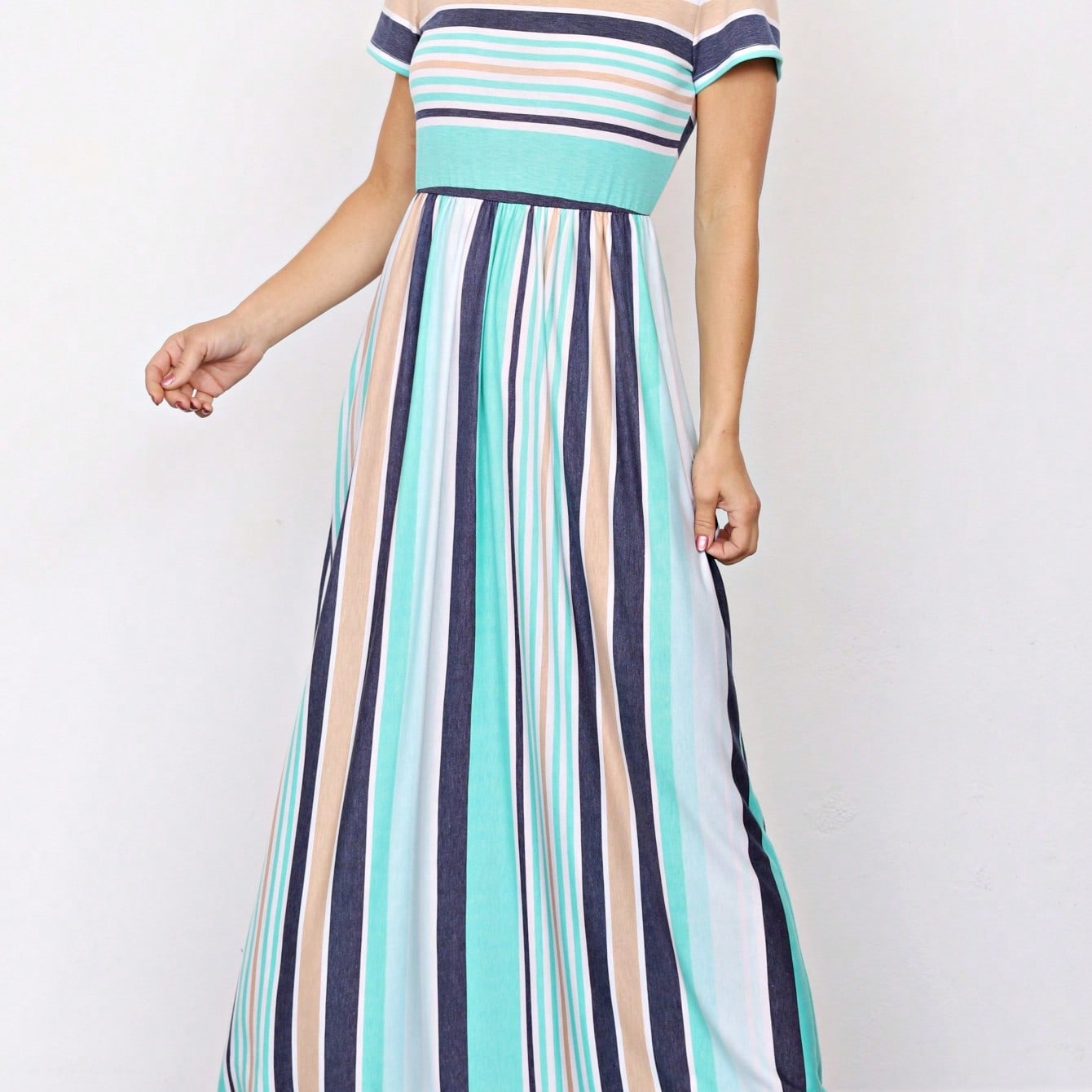 Multi Stripe Orange, Green, And Mint Sleeveless Maxi Dress With Pocket | S-3X
