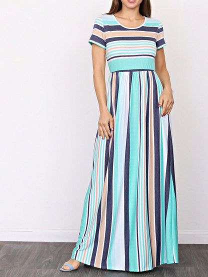 Multi Stripe Orange, Green, And Mint Sleeveless Maxi Dress With Pocket | S-3X