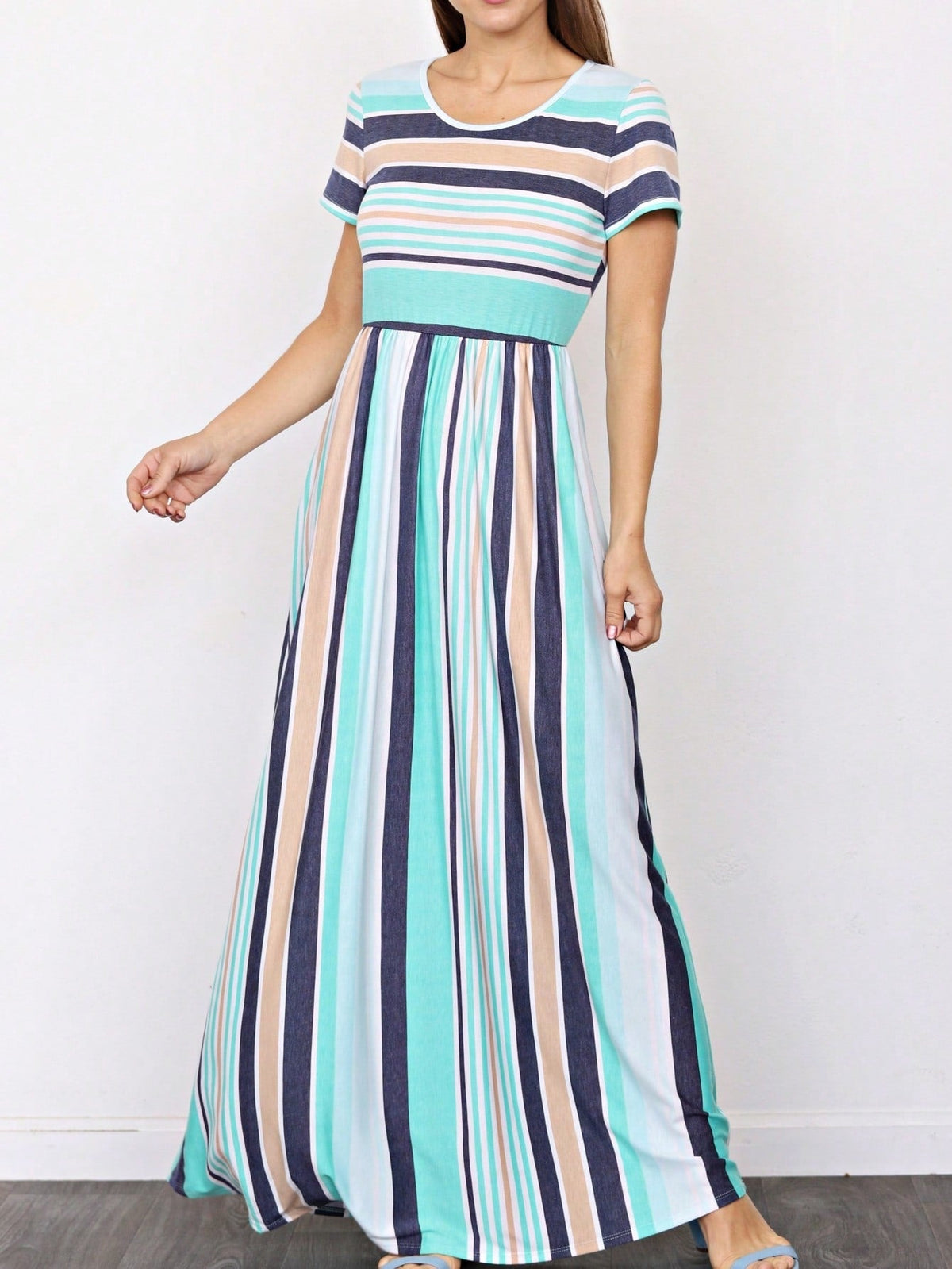 Multi Stripe Orange, Green, And Mint Sleeveless Maxi Dress With Pocket | S-3X