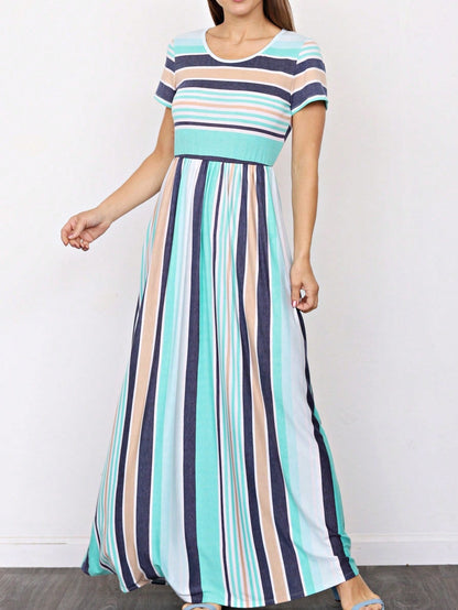 Multi Stripe Orange, Green, And Mint Sleeveless Maxi Dress With Pocket | S-3X