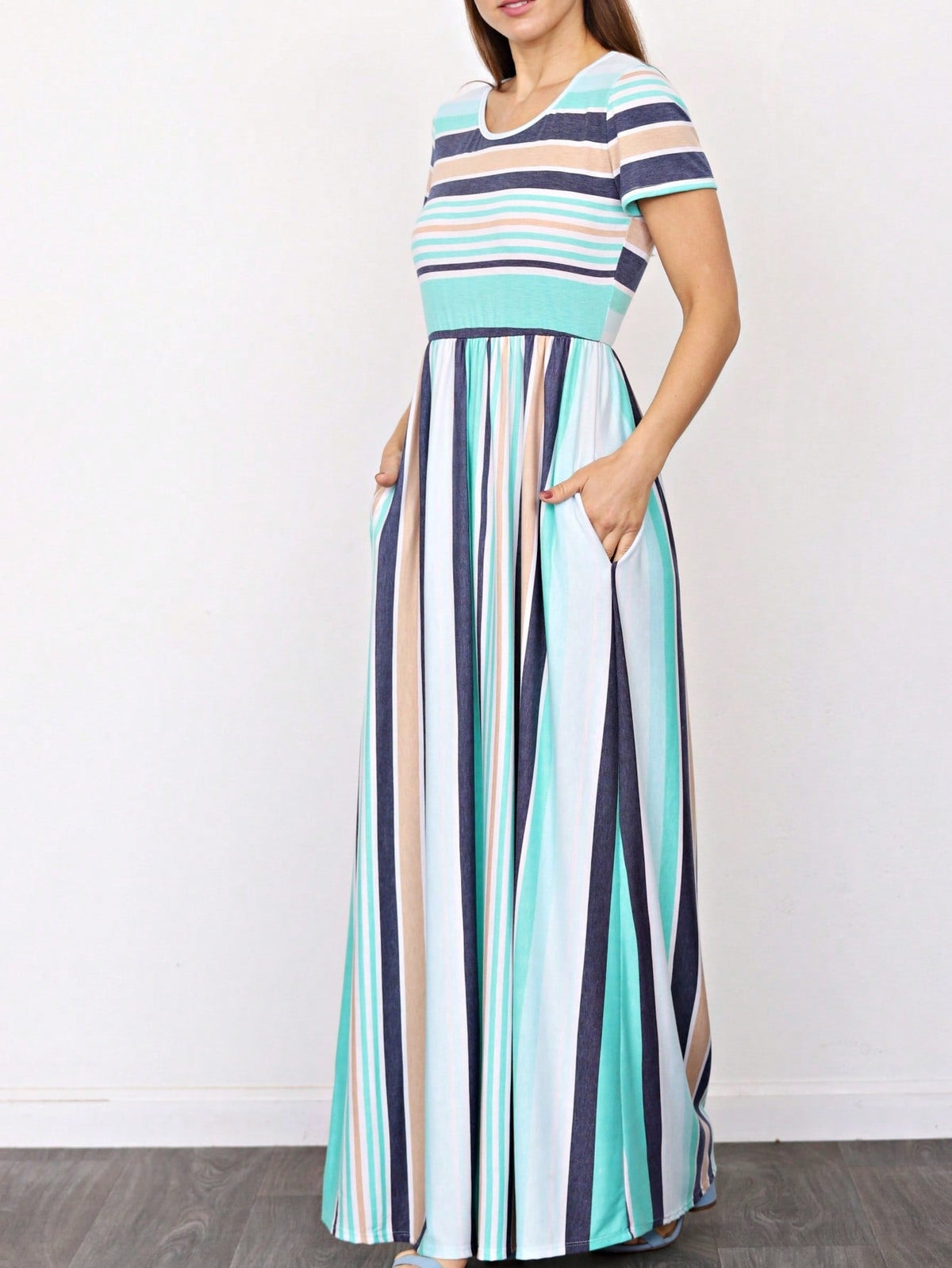 Multi Stripe Orange, Green, And Mint Sleeveless Maxi Dress With Pocket | S-3X
