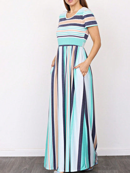 Multi Stripe Orange, Green, And Mint Sleeveless Maxi Dress With Pocket | S-3X