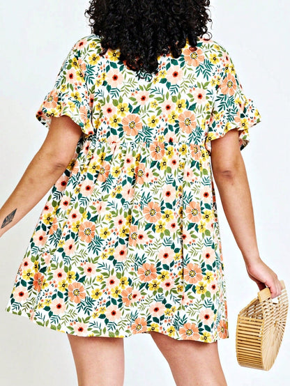 Vintage Navy Pink Yellow White Charcoal Floral Ruffle Trim Midi Dress | S-3X