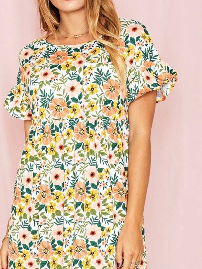 Vintage Navy Pink Yellow White Charcoal Floral Ruffle Trim Midi Dress | S-3X