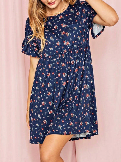 Vintage Navy Pink Yellow White Charcoal Floral Ruffle Trim Midi Dress | S-3X