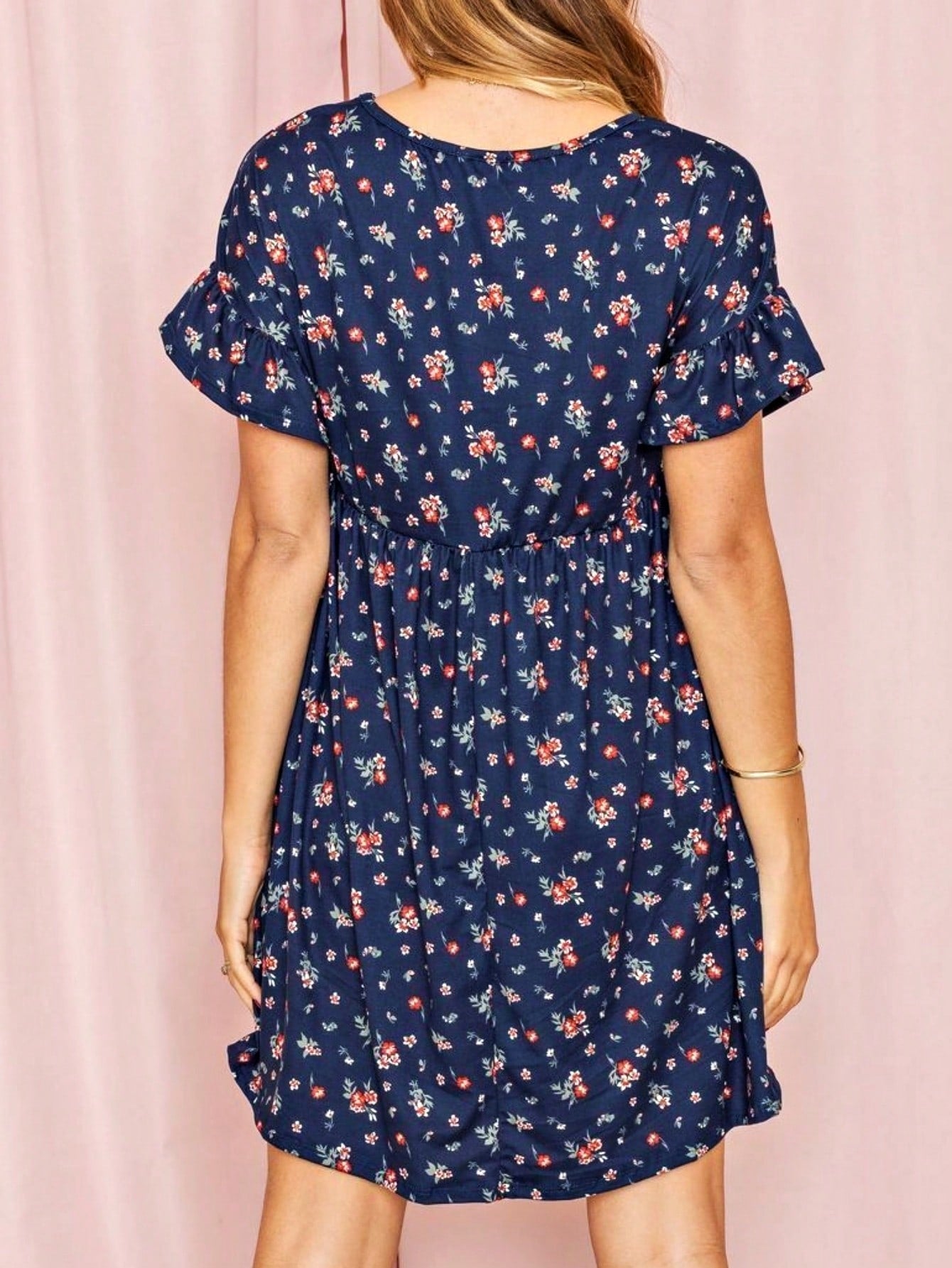 Vintage Navy Pink Yellow White Charcoal Floral Ruffle Trim Midi Dress | S-3X