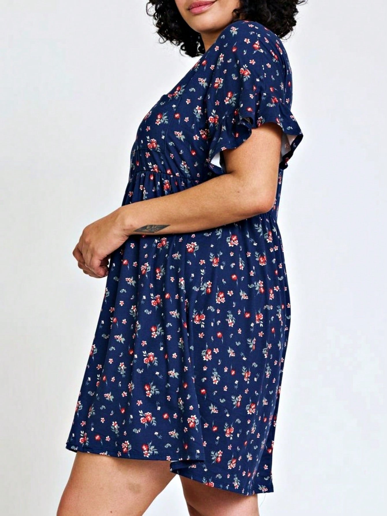 Vintage Navy Pink Yellow White Charcoal Floral Ruffle Trim Midi Dress | S-3X