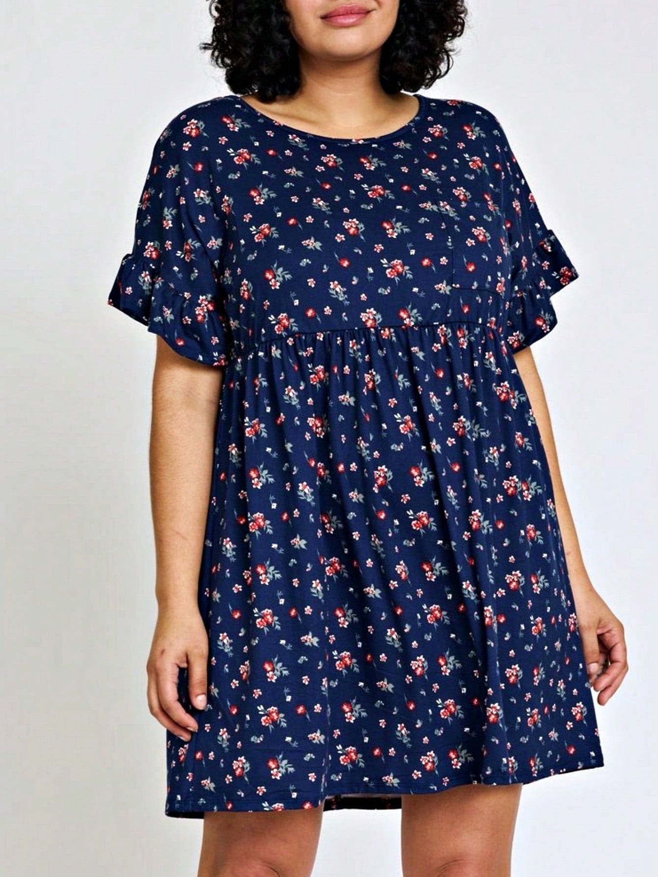 Vintage Navy Pink Yellow White Charcoal Floral Ruffle Trim Midi Dress | S-3X
