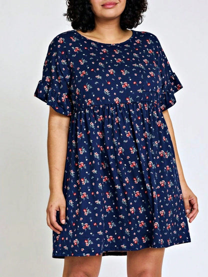 Vintage Navy Pink Yellow White Charcoal Floral Ruffle Trim Midi Dress | S-3X