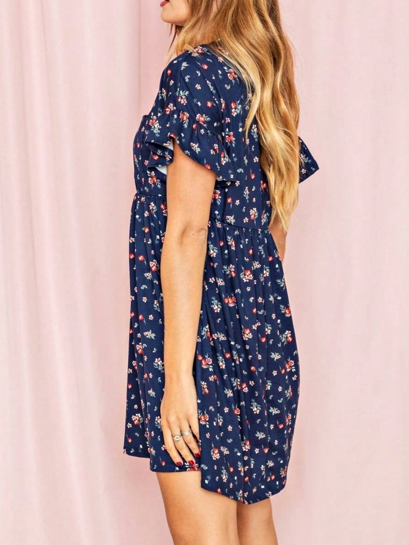 Vintage Navy Pink Yellow White Charcoal Floral Ruffle Trim Midi Dress | S-3X