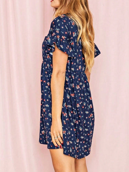 Vintage Navy Pink Yellow White Charcoal Floral Ruffle Trim Midi Dress | S-3X